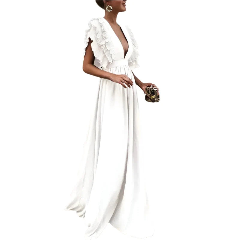 Millie - Elegantes Maxikleid mit tiefem V-Ausschnitt und gerüschter Schulterpartie