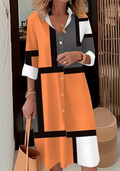 Leona – Stilvolles bedrucktes locker sitzendes Kleid mit Knöpfen und langen Ärmeln