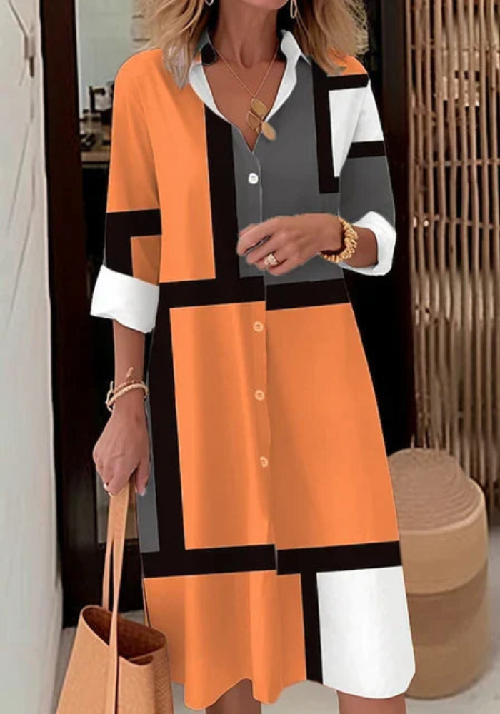 Leona – Stilvolles bedrucktes locker sitzendes Kleid mit Knöpfen und langen Ärmeln