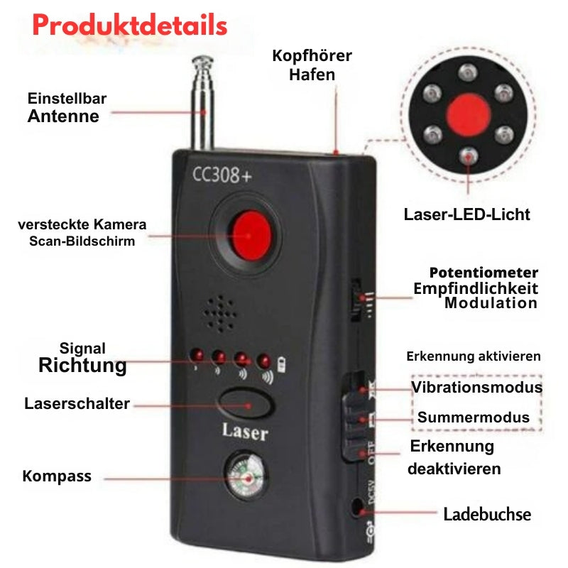 PureGuard - Versteckte Kamera und Wanzendetektor mit Objektivsucher und RF Scanner
