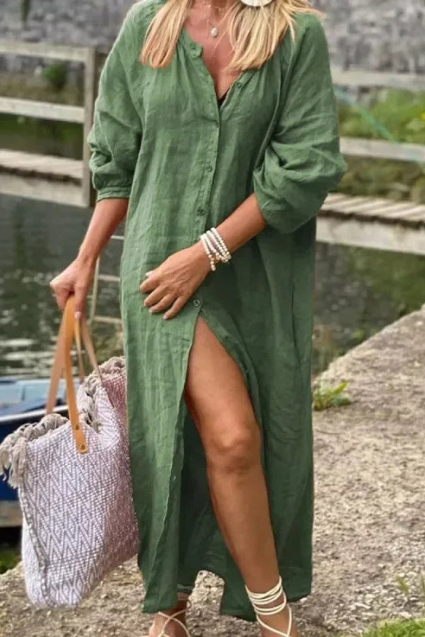 Emma - Lässiges langes Kleid mit Umlegekragen lockerer Passform und Knöpfen