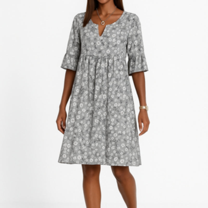 Angelika – Lässiges florales Midikleid mit V Ausschnitt und kurzen Ärmeln