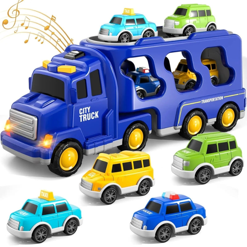 MotorPlay – Doppellagiges Feuerwehrauto Spielzeugset mit Lichtern Musik und Aufbewahrungsfunktion