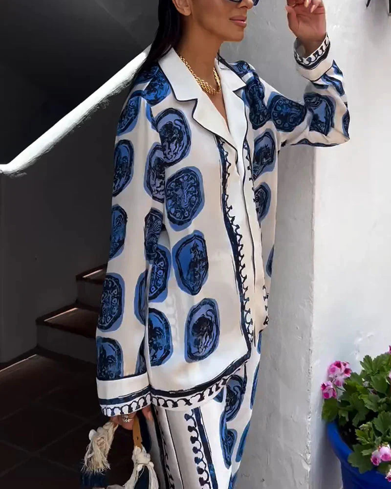 Freya - Bedrucktes Hemd Mit Weite Hosenbeine Hosen Zweiteiliges Set