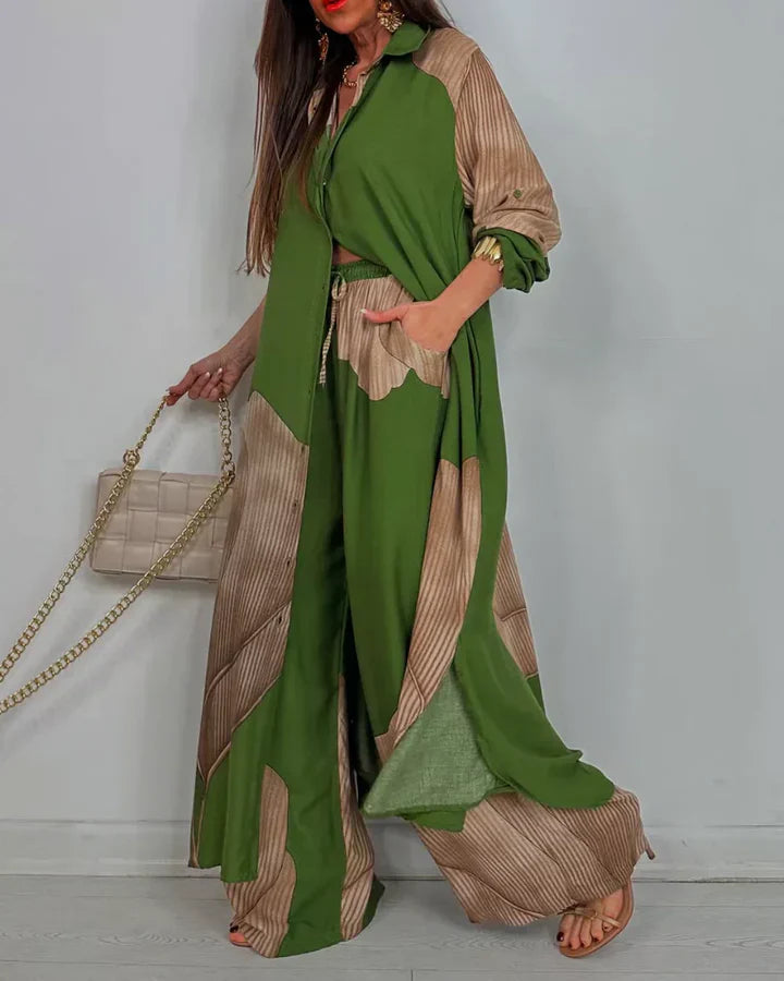 Mila – Lässiges Oberteil mit Knopfleiste Set mit weit geschnittener Hose