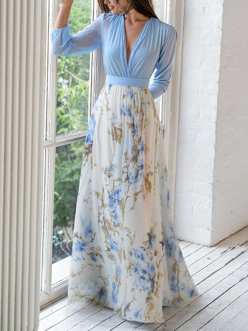 Smilla – Maxikleid mit Blumendruck tiefem V Ausschnitt und langen Ärmeln