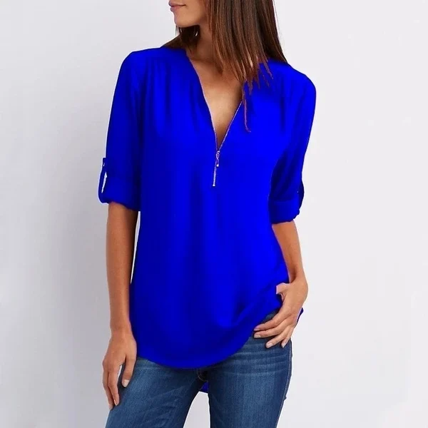 Mila – Lässige V Ausschnitt Bluse mit Reißverschluss Detail und verstellbaren Halbärmeln