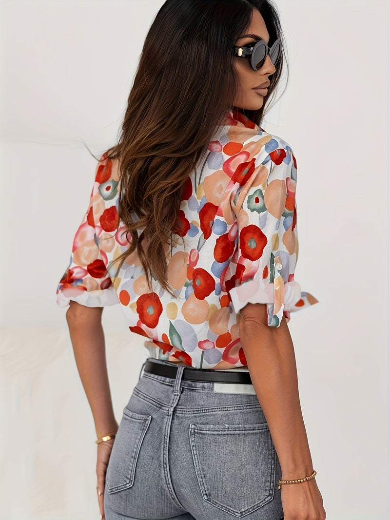 Yvonne - Bequeme langärmelige Bluse mit Blumenmuster und Knöpfen