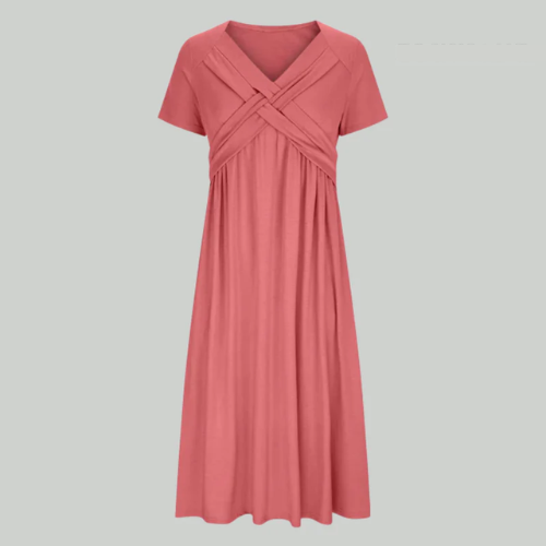 Selina – Elegantes Plisseekleid mit V Ausschnitt kurzen Ärmeln und Taschen