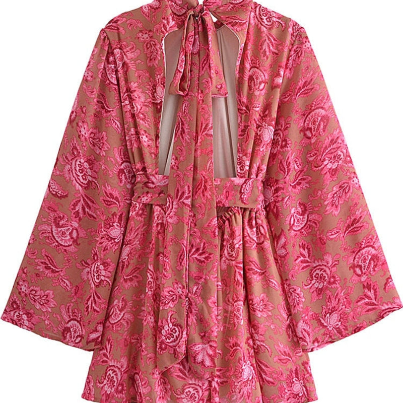 Gisela - Stehkragen Blumendruck Kleid mit langen Ärmeln und rückenfreie Krawatte