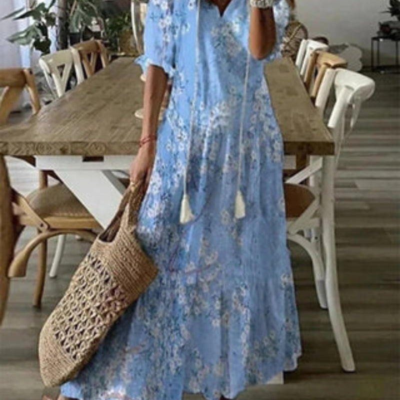 Erika – Lässiges bedrucktes langes Kleid mit V Ausschnitt und kurzen Ärmeln