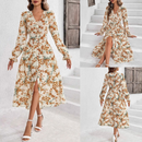 Amelie – Lässiges V Ausschnitt Langarmkleid mit Blumenprint