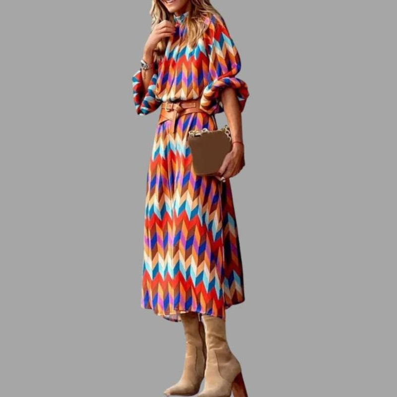 Nela - Modisches Langarm Midikleid mit Gürtel und Stehkragen