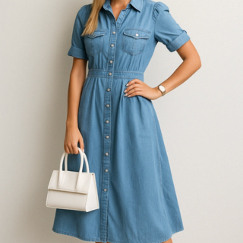 Monika – Kurzärmliges Midikleid mit mehreren Taschen und Knöpfen