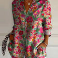 Clara – Langärmlige Blumenbluse mit Umlegekragen und Knopfleiste
