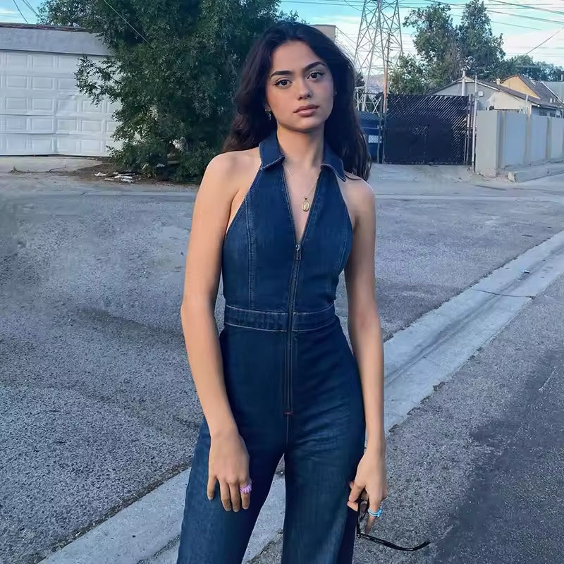 Hedda - Lässiger Jumpsuit mit V Ausschnitt Reißverschluss und hoher Taille