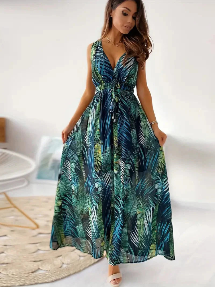 Dagmar - Modisches ärmelloses V Ausschnitt Kleid mit Blumendruck