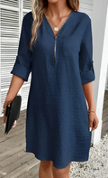 Saphia – Modisches Langarmkleid mit Reißverschluss V Ausschnitt und Fronttasche