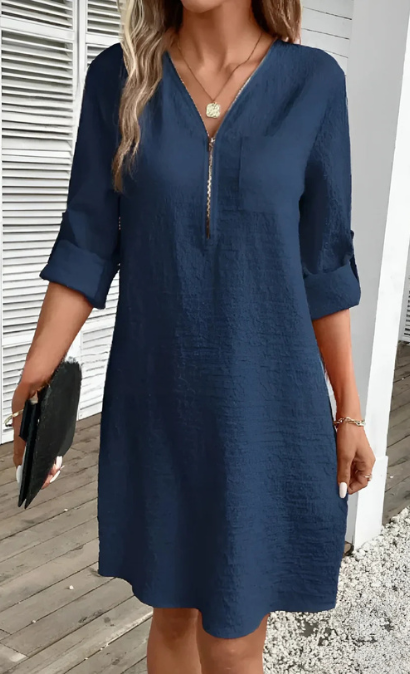 Saphia – Modisches Langarmkleid mit Reißverschluss V Ausschnitt und Fronttasche