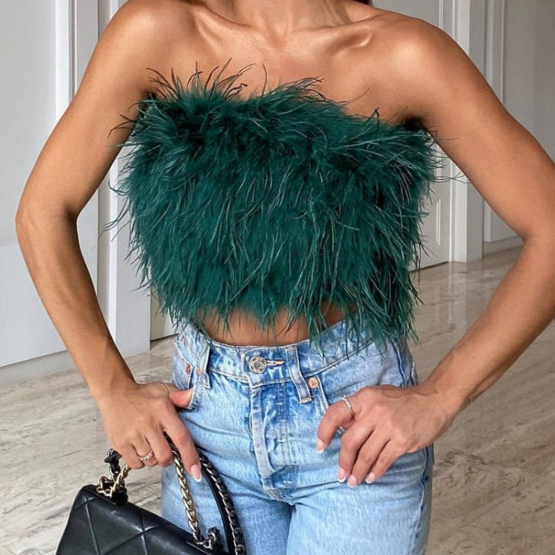 Clara – Stylisches Schulterfrei Top mit Federbesatz und trägerlosem Ausschnitt