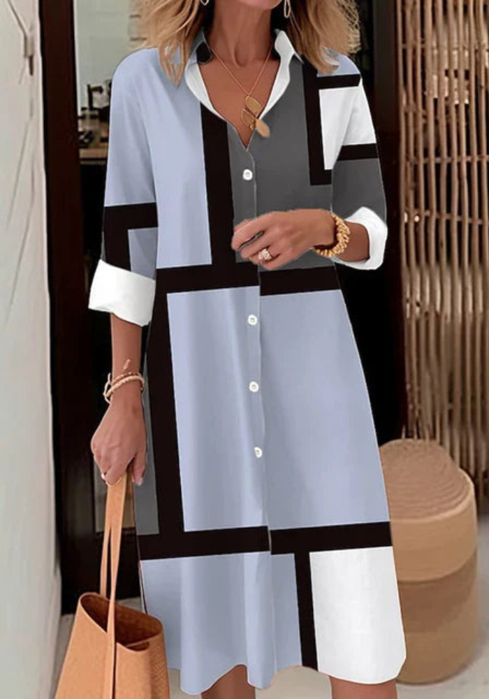 Leona – Stilvolles bedrucktes locker sitzendes Kleid mit Knöpfen und langen Ärmeln