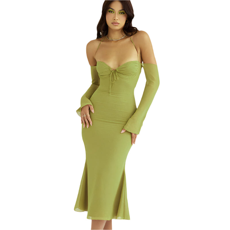 Amelie – Stylisches Schulterfrei Midikleid mit langen Ärmeln