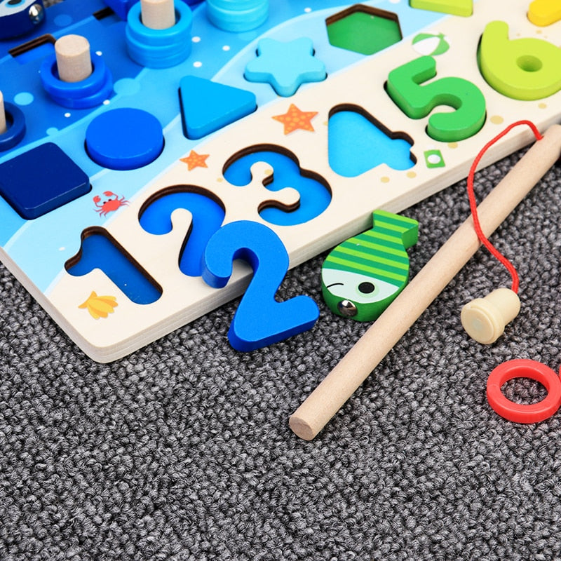 MontiMaze – Montessori Puzzlebrett mit Formen Zahlen und Angelspiel