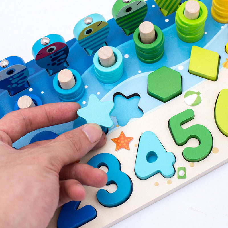MontiMaze – Montessori Puzzlebrett mit Formen Zahlen und Angelspiel