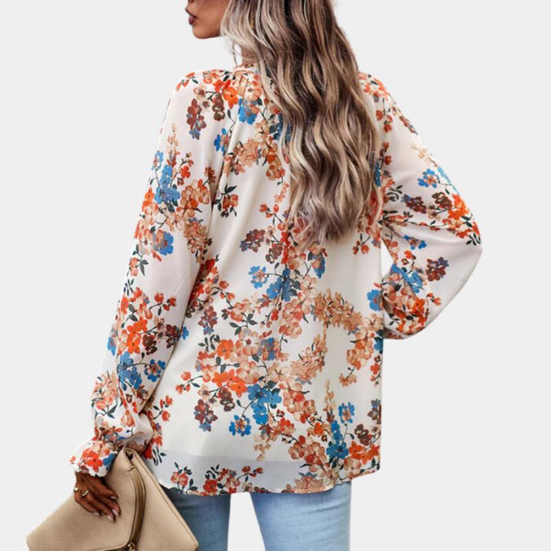 Clara – Blumenmuster V-Ausschnitt Bluse mit Knöpfe und lange Ärmel