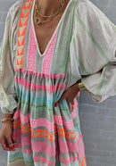 Wanda – Elegantes bedrucktes lockeres Kleid mit V-Ausschnitt und langen Ärmeln