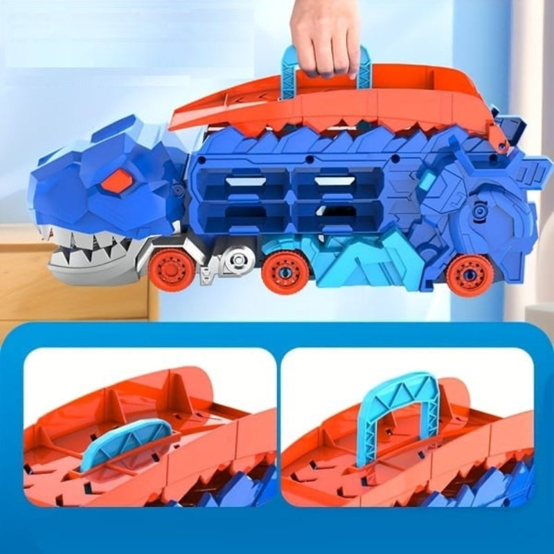 DinoDrive – Dinosaurier Transporter mit verwandelbarer Schiene und Schiebefunktion