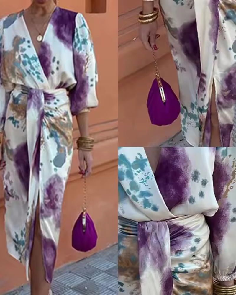 Elke – Elegantes Wickelkleid mit V Ausschnitt langen Ärmeln und Seitenschlitz