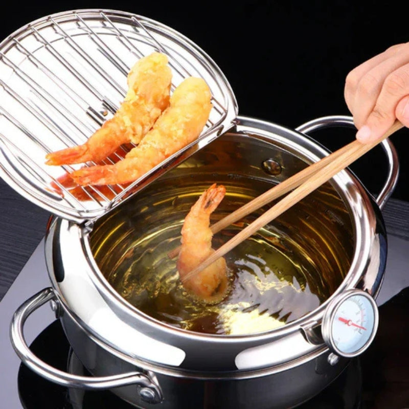 TempuraPro – Bratpfanne mit eingebautem Thermometer und Ölfilter für perfektes Kochen