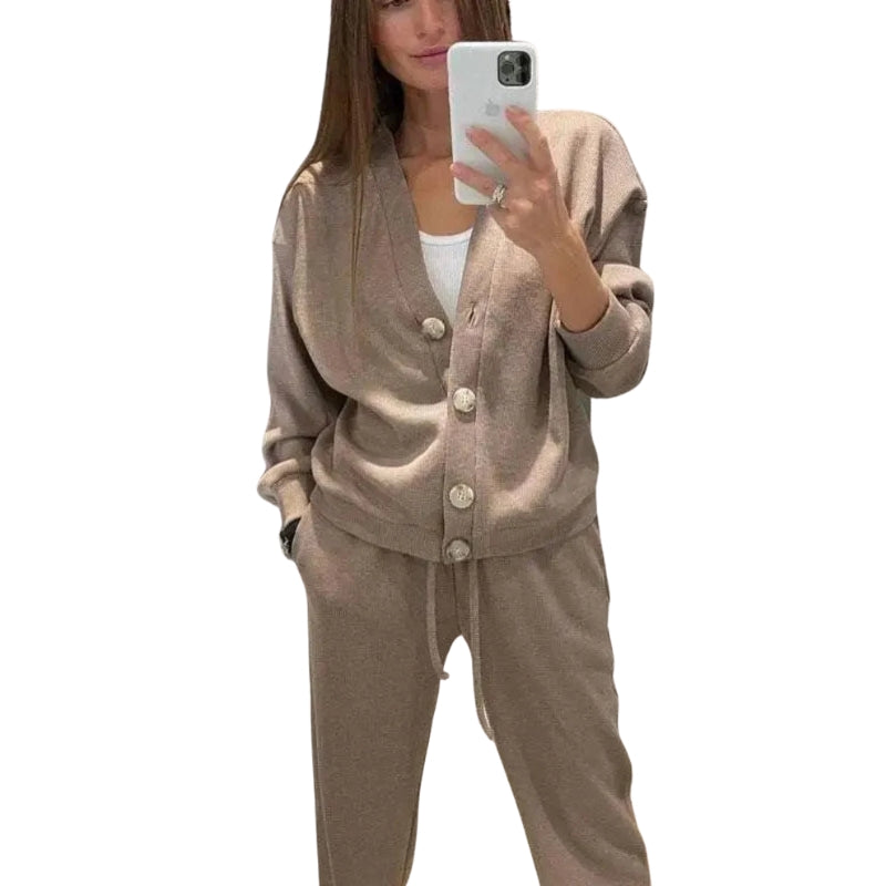 Bertha - Zweiteiliges Set aus langärmeliger Strickjacke und Hose mit Kordelzug