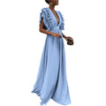 Millie - Elegantes Maxikleid mit tiefem V-Ausschnitt und gerüschter Schulterpartie