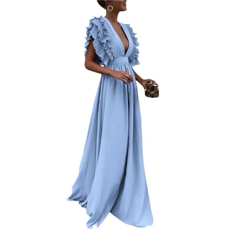 Millie - Elegantes Maxikleid mit tiefem V-Ausschnitt und gerüschter Schulterpartie