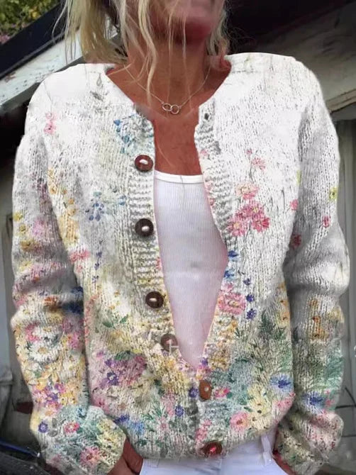 Hannah - Langärmelige Geblümt gemustert Strickjacke Mit Schaltflächen