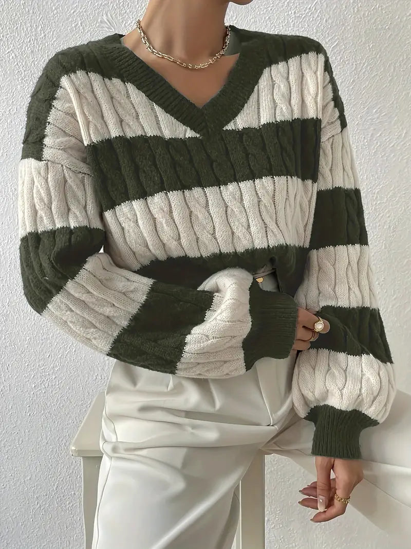 Pauline - Lässiger Langärmelig V Ausschnitt Gestreift Strickpullover