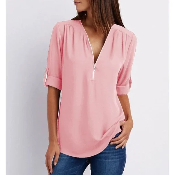 Mila – Lässige V Ausschnitt Bluse mit Reißverschluss Detail und verstellbaren Halbärmeln