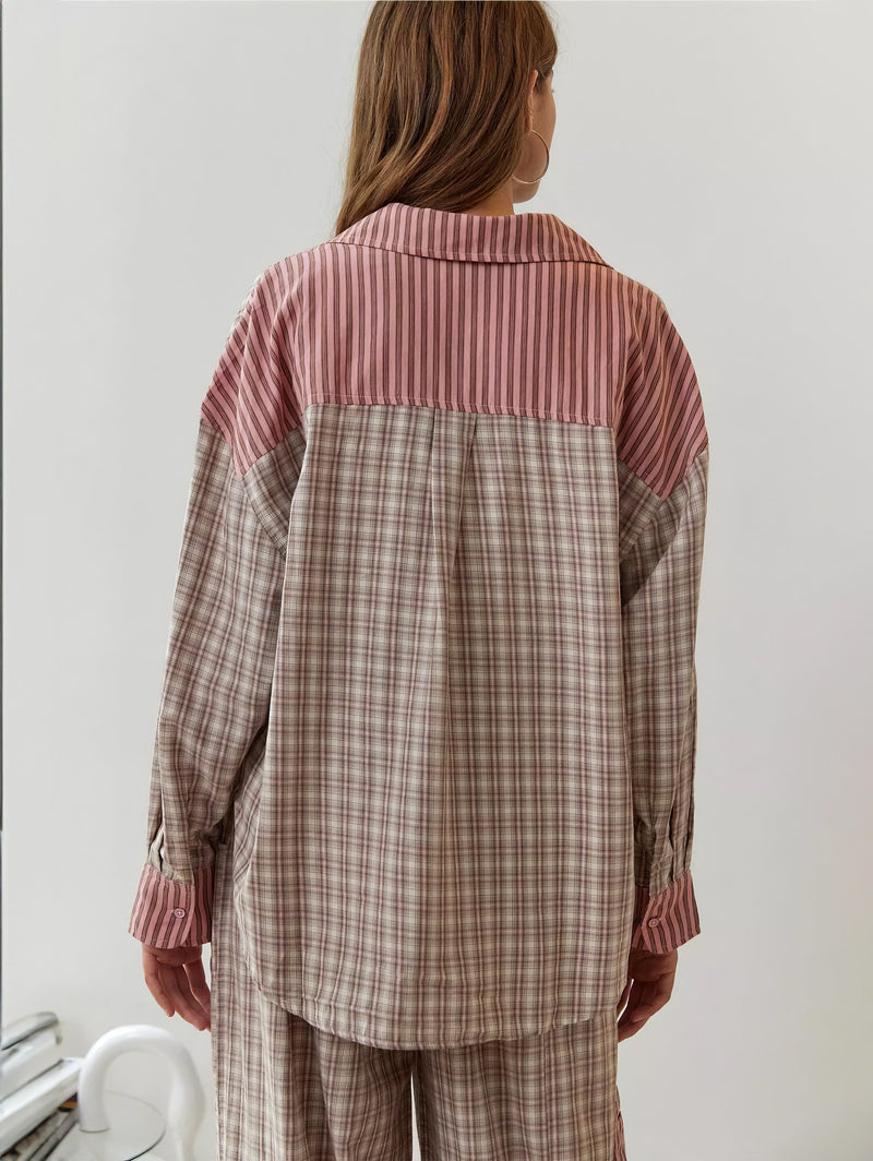 Adeline - Langärmelige karierte Hemden mit weiten Hosen im Zweiteiler Satz