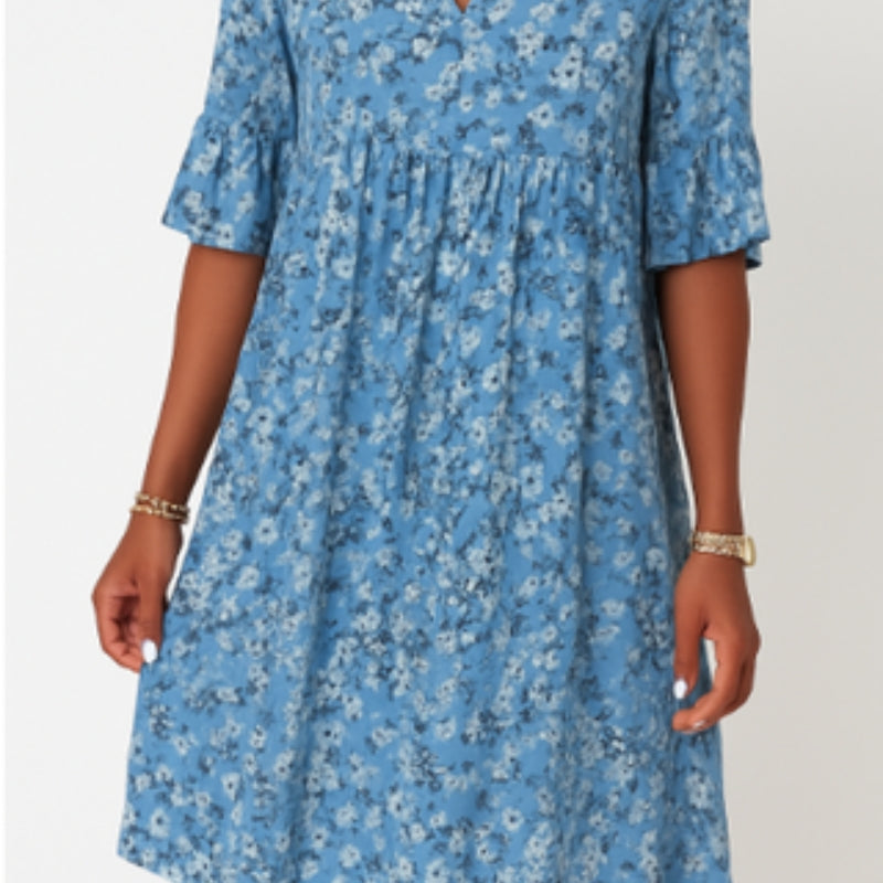 Angelika – Lässiges florales Midikleid mit V Ausschnitt und kurzen Ärmeln