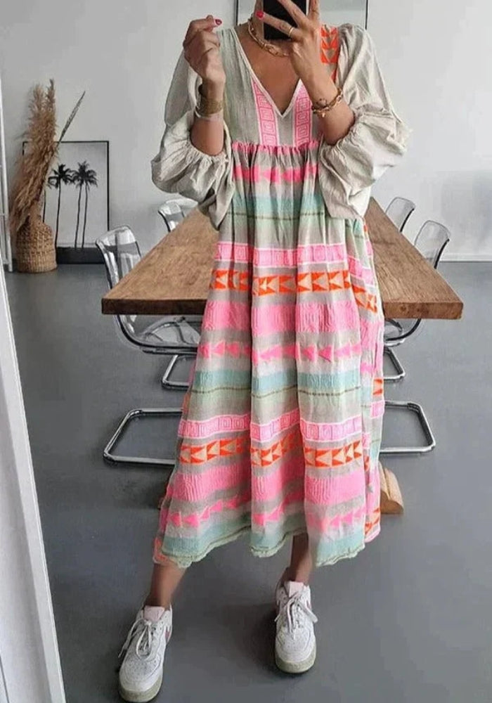Wanda – Elegantes bedrucktes lockeres Kleid mit V-Ausschnitt und langen Ärmeln
