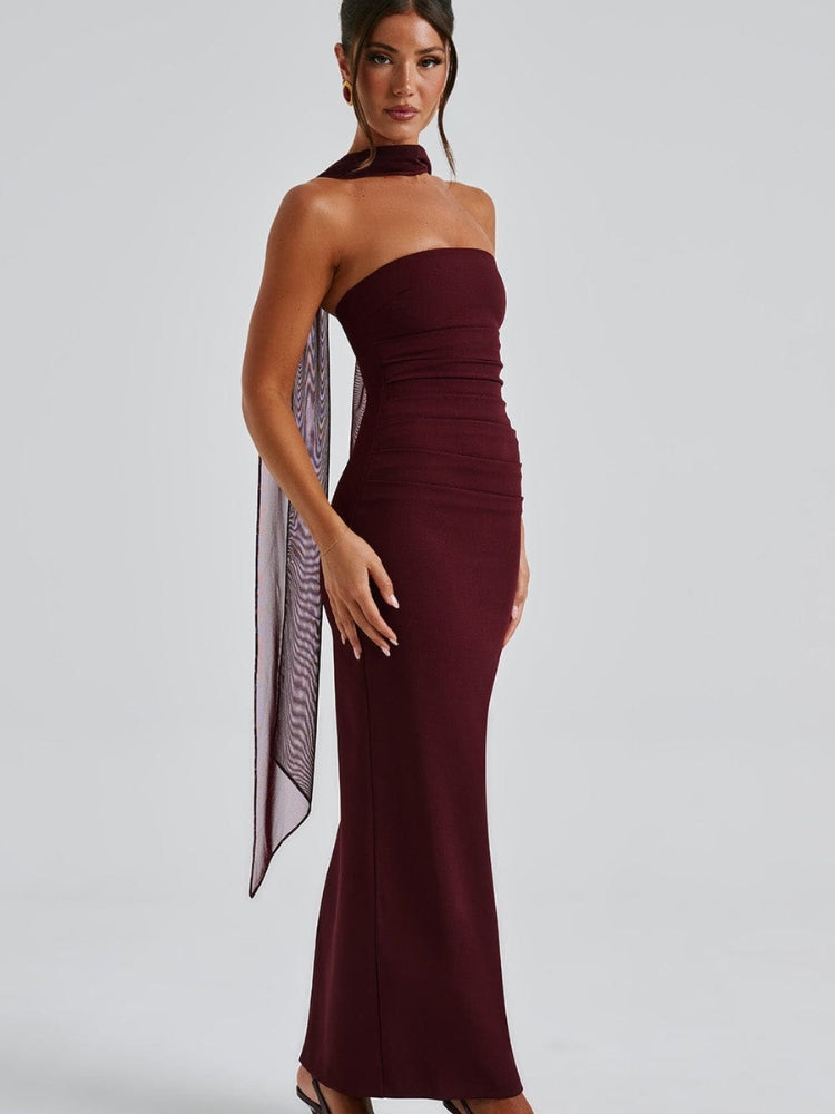 Selene - Trägerloses langes Kleid mit geraffter Taille und fließendem Rock