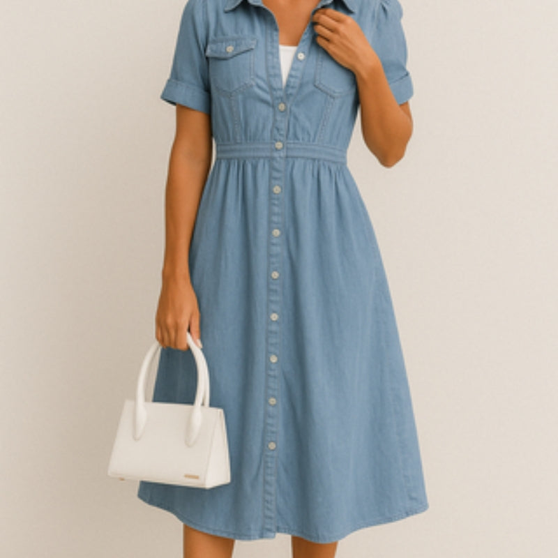 Monika – Kurzärmliges Midikleid mit mehreren Taschen und Knöpfen