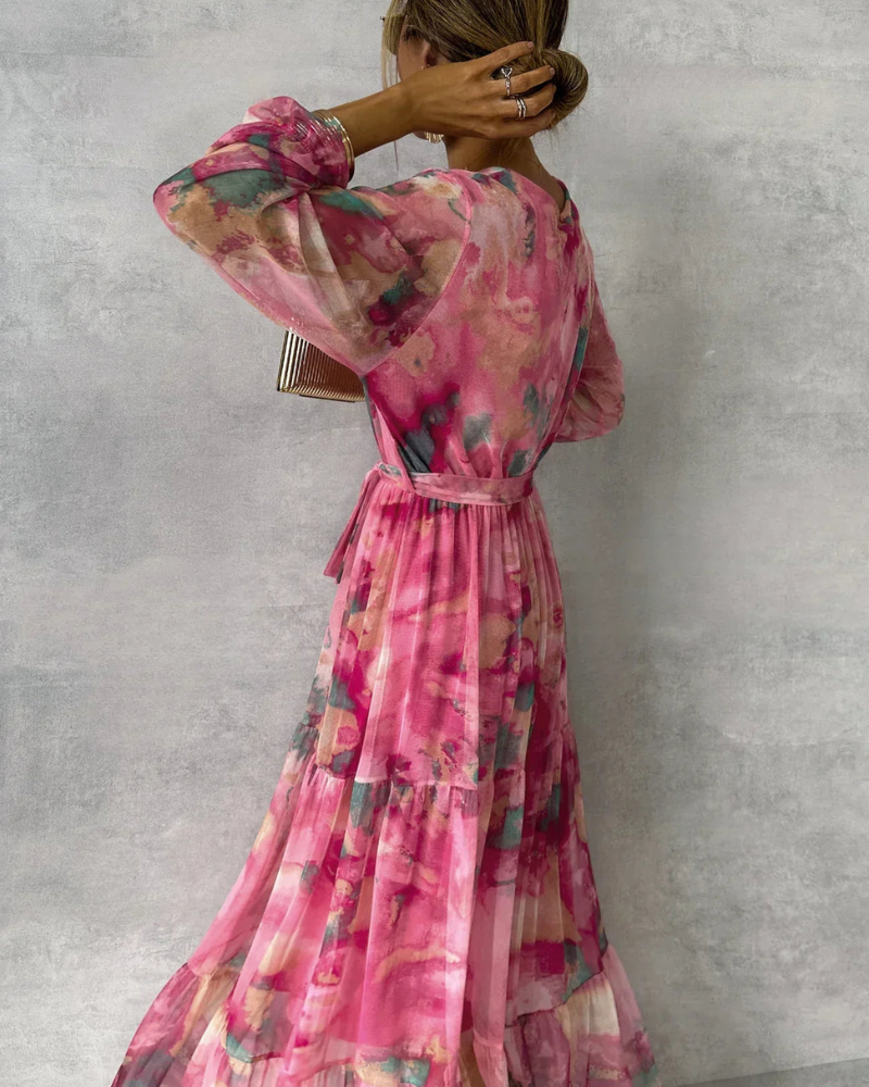 Emilia – Stilvolles Wickelkleid mit Blumenmuster V Ausschnitt und langen Ärmeln