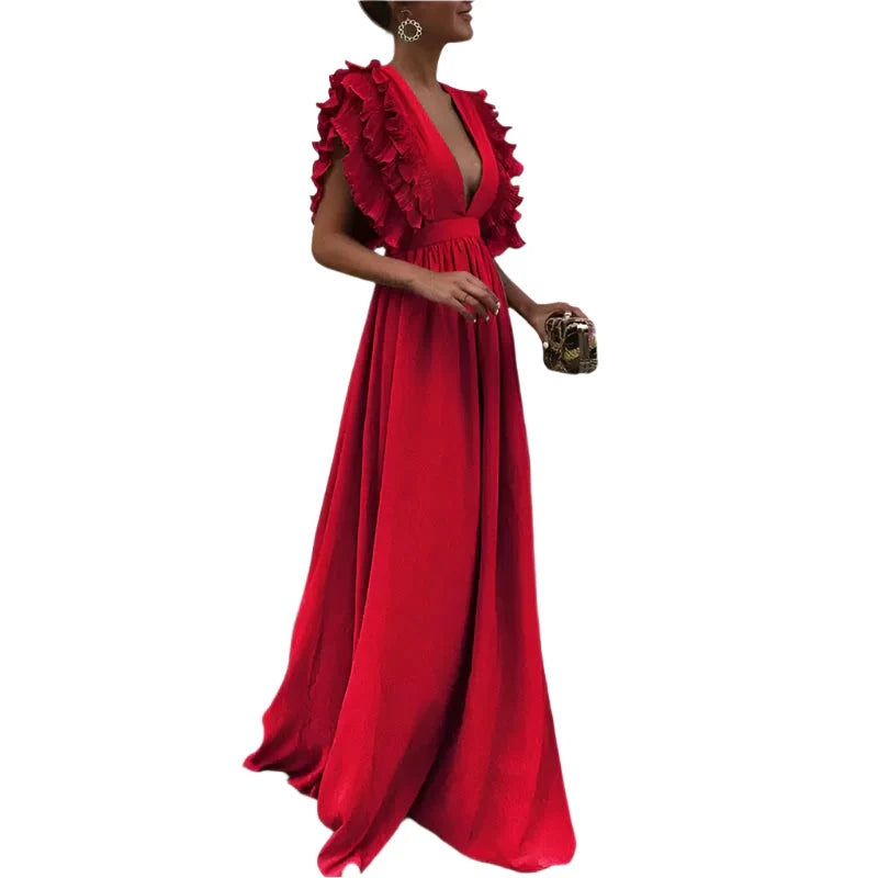 Millie - Elegantes Maxikleid mit tiefem V-Ausschnitt und gerüschter Schulterpartie
