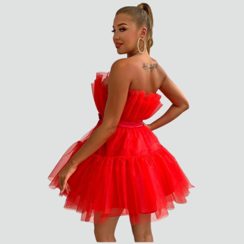 Emma – Stilvolles trägerloses ärmelloses Minikleid mit mehrlagigem ausgestelltem Rockdesign