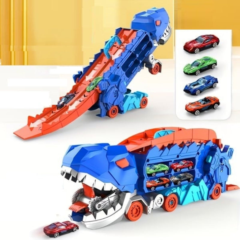 DinoDrive – Dinosaurier Transporter mit verwandelbarer Schiene und Schiebefunktion