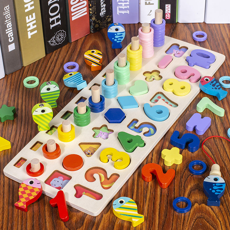 MontiMaze – Montessori Puzzlebrett mit Formen Zahlen und Angelspiel