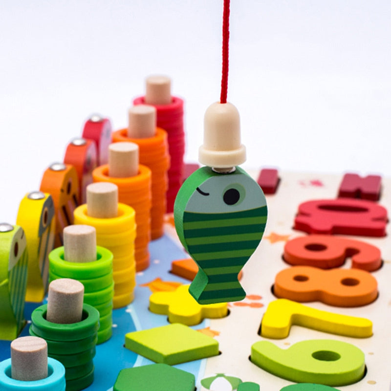 MontiMaze – Montessori Puzzlebrett mit Formen Zahlen und Angelspiel